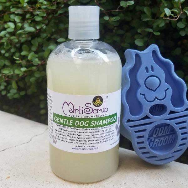 Gentle dog shampoo bottle with a dog-shaped scrubber, free of sulfates and parabens, in a natural setting.