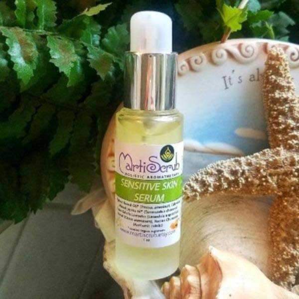 Aromatherapy Sensitive Skin Serum in a glass bottle surrounded by natural decor, promoting soothing skincare for sensitive skin.