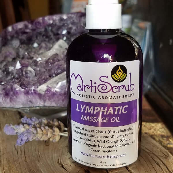 Lymphatic massage oil with essential oils for detox and health, 4 oz bottle by MartiScrub, holistic aromatherapy.