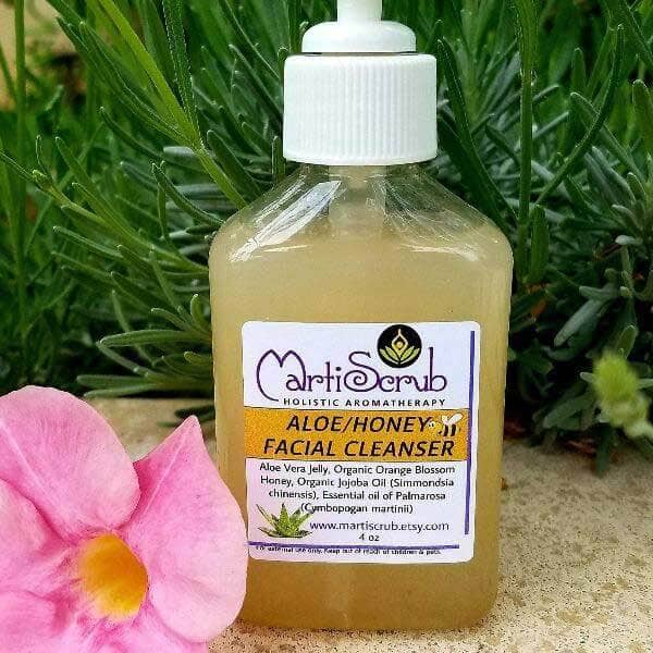 Aloe Honey Facial Cleanser in a bottle, made with Aloe Vera, Organic Jojoba oil, and Raw Orange Blossom Honey.